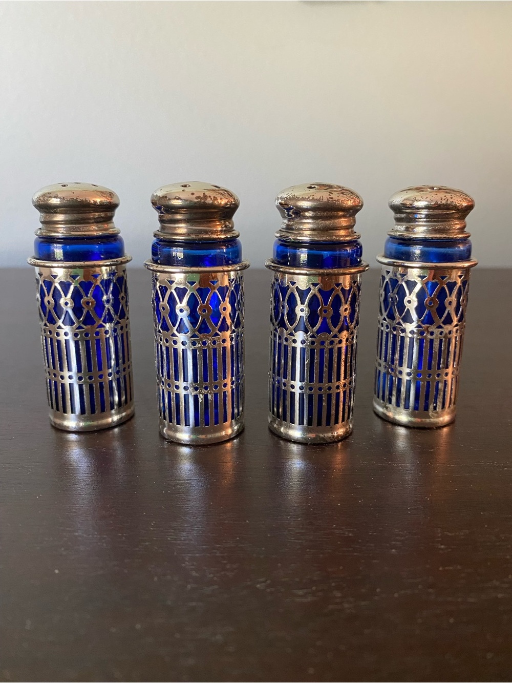 Vintage Blue Glass Salt & Pepper Shakers with Filigree Holders - Set of 4